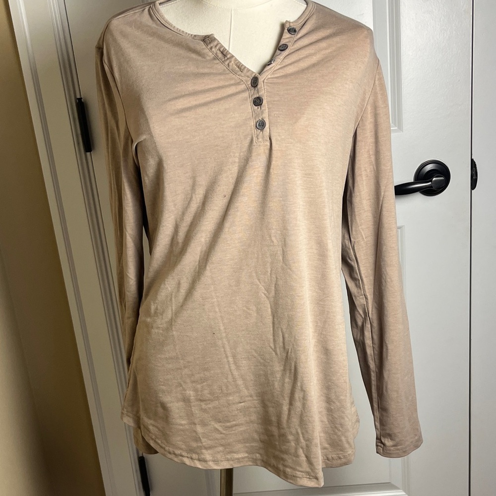 Women's Beige Long Sleeve Henley Top